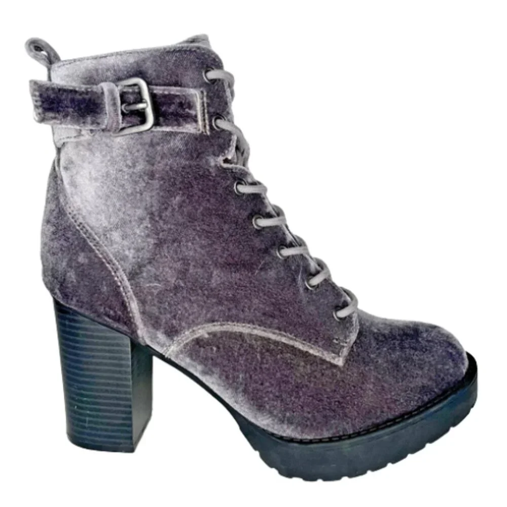 Madden Girl Jitter Grey Velvet Lace Up Platform Boots Chunky Block Heel Size 7.5